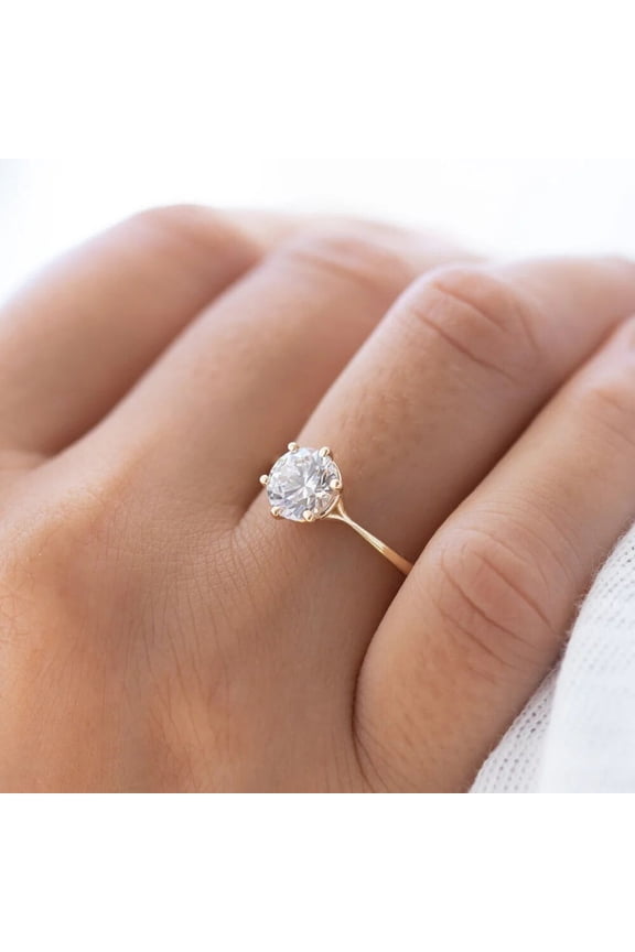 14K Vermeil White Gold Solitaire Ring, Round Brilliant Six Prong Engagement Ring, Timeless Diamond Look Bridal Wedding Rings