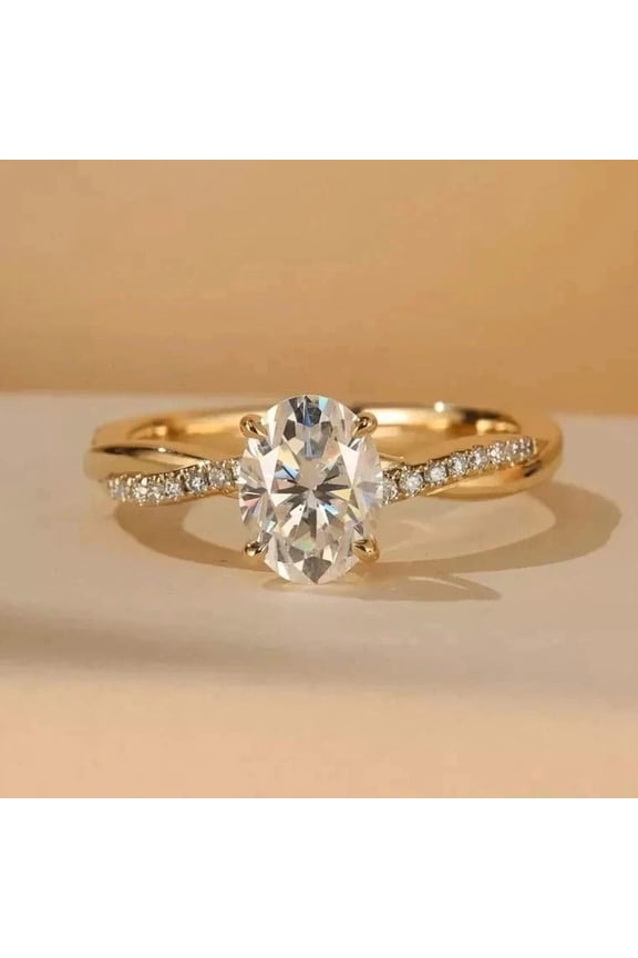14K Yellow Gold Plated Oval Moissanite Engagement Ring with Twisted Diamond Band – Classic Solitaire Ring for Women