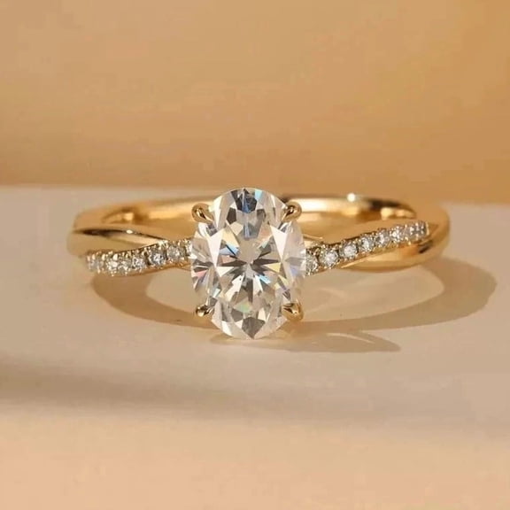 Jewelerix 14K Yellow Gold Plated Oval Moissanite Engagement Ring with Twisted Diamond Band – Classic Solitaire Ring for Women