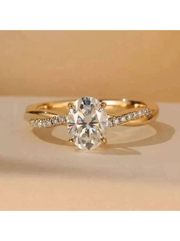 14K Yellow Gold Plated Oval Moissanite Engagement Ring with Twisted Diamond Band – Classic Solitaire Ring for Women