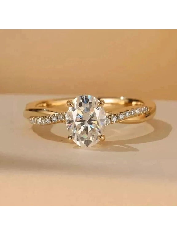 14K Yellow Gold Plated Oval Moissanite Engagement Ring with Twisted Diamond Band – Classic Solitaire Ring for Women