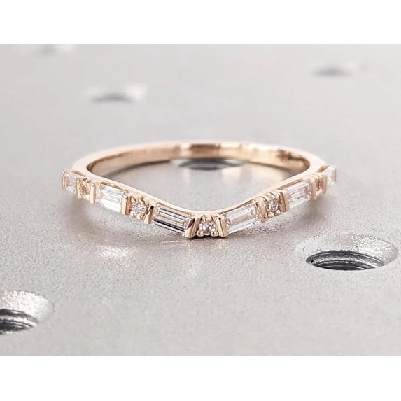 Jewelerix 14K Yellow Gold Vermeil Chevron Wedding Band for Women, Baguette Diamond Stackable Ring, Curved V Shape Anniversary Band, Minimalist Bridal Ring