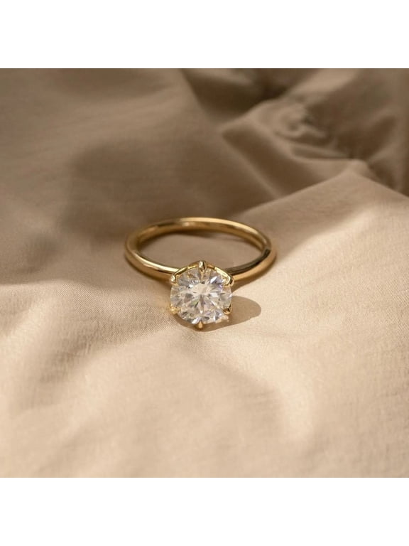 14K Yellow Gold Vermeil Solitaire Ring Round Cut Center Stone Elegant Engagement Ring Moissanite Diamond Promise Jewelry for Women