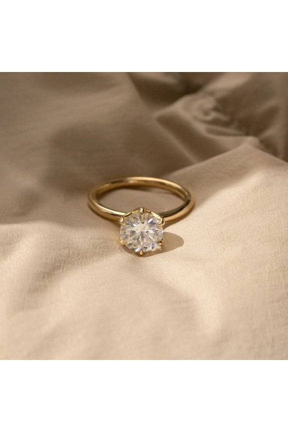 14K Yellow Gold Vermeil Solitaire Ring Round Cut Center Stone Elegant Engagement Ring Moissanite Diamond Promise Jewelry for Women