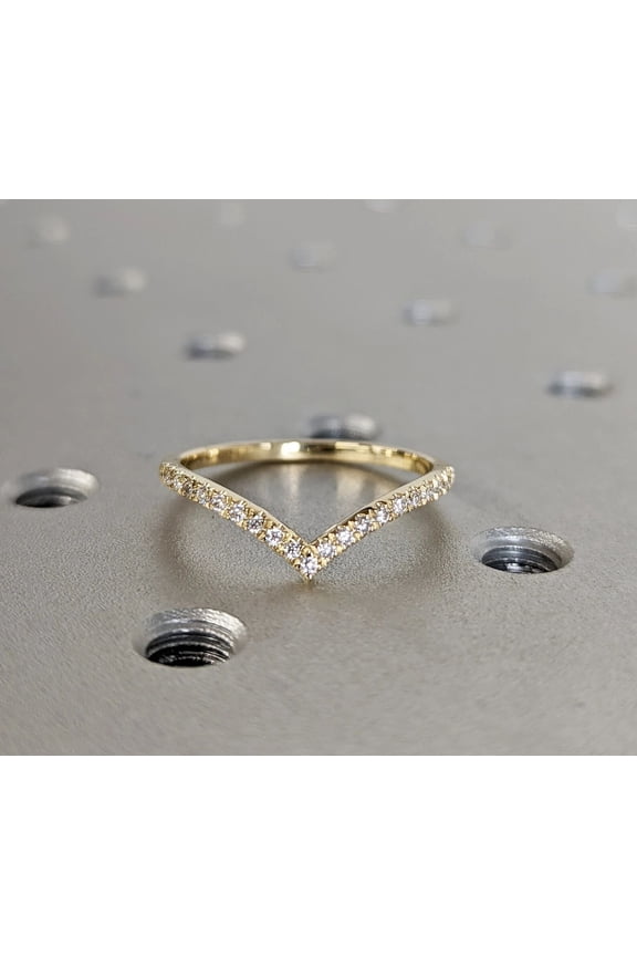 14K Yellow Gold Vermeil V Shape Moissanite Chevron Ring, Dainty Stackable Ring Minimalist Wedding Band for Women