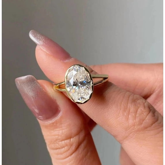 Jewelerix 2.30 Carat Oval Bezel Set Moissanite Engagement Ring, Minimalist Gold Ring, 10K Vermeil Yellow Gold Modern Bridal Ring for Her