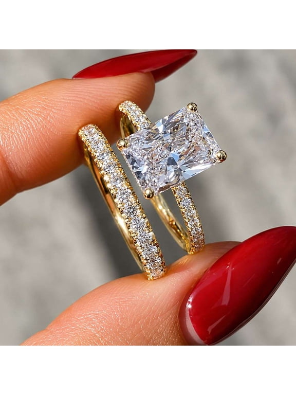 2PC Radiant Cut Wedding Ring Set for Women, 14K Vermeil Yellow Gold Engagement Ring with Pave Band, Bridal Set Gift