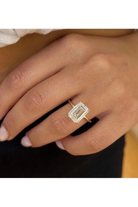 3 Carat Emerald Cut Moissanite Engagement Ring for Women, 10K Yellow Gold Vermeil, Large Solitaire Ring, 4-Prong Setting, Anniversary or Christmas Gift