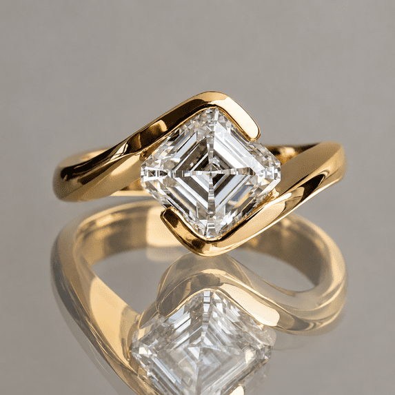 Jewelerix Asscher Cut Moissanite Solitaire Ring, Modern Bypass Engagement Ring for Women, 10K Yellow Gold Vermeil Wedding Ring Gift