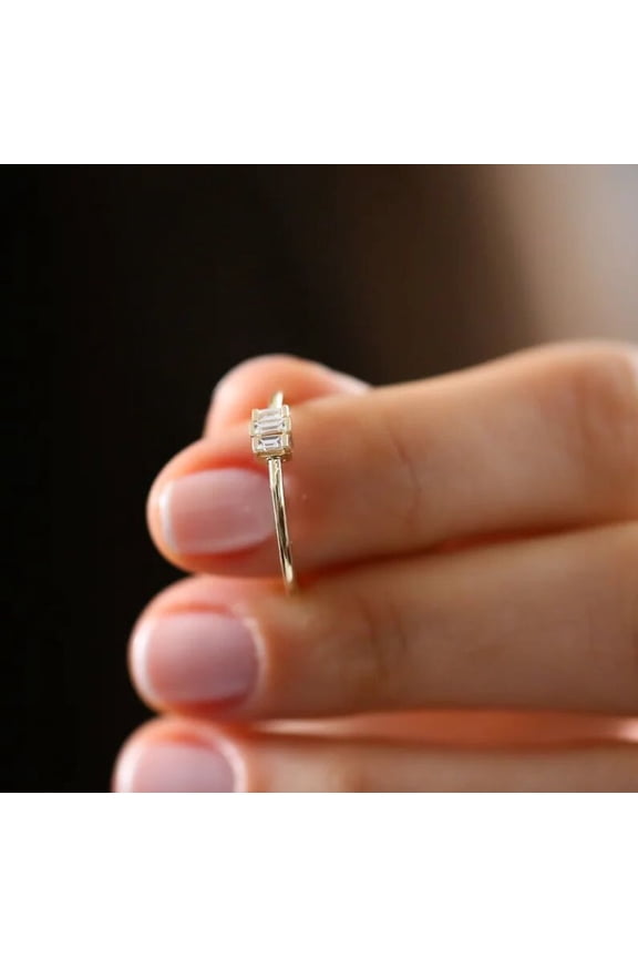 Baguette Cut Solitaire Ring for Women, Minimalist Dainty Stackable Band, 10K Vermeil Yellow Gold Ring Wedding Promise Gift