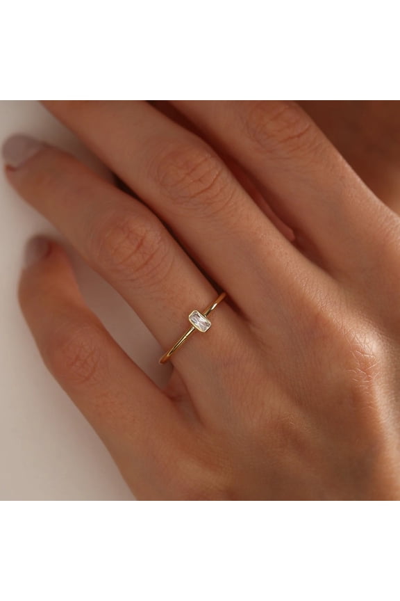 Bezel Emerald Cut Solitaire Ring for Women 10K,14K Yellow Gold Vermeil Engagement Ring Minimalist Moissanite Dainty Christmas Gift Ring