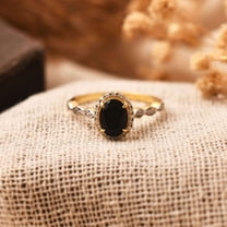 Jewelerix Black Oval Gemstone Engagement Ring for Women, 14K Vermeil Gold Halo Ring Moissanite Diamond Accents, Vintage Elegant Promise Ring
