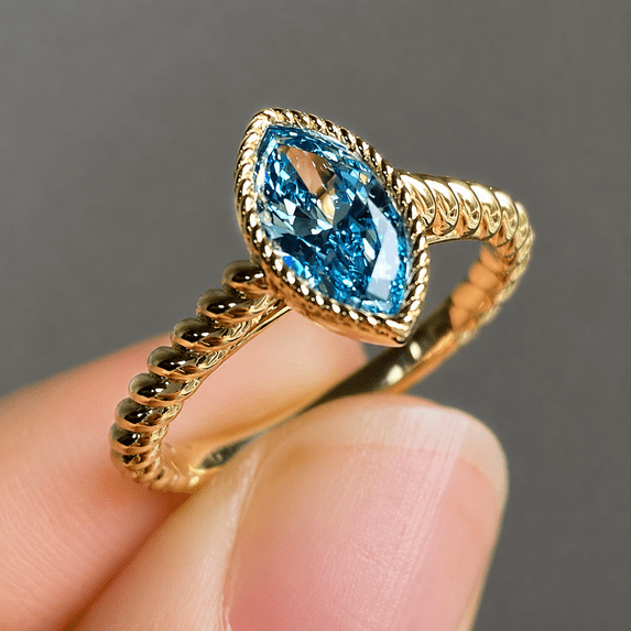 Jewelerix Blue Marquise Cut Engagement Ring, 10K Yellow Gold Vermeil Twisted Band Ring, Vintage Style Promise Ring, Minimalist Statement Jewelry Gift for Her