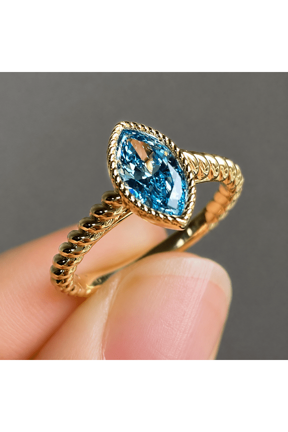 Blue Marquise Cut Engagement Ring, 10K Yellow Gold Vermeil Twisted Band Ring, Vintage Style Promise Ring, Minimalist Statement Jewelry Gift for Her