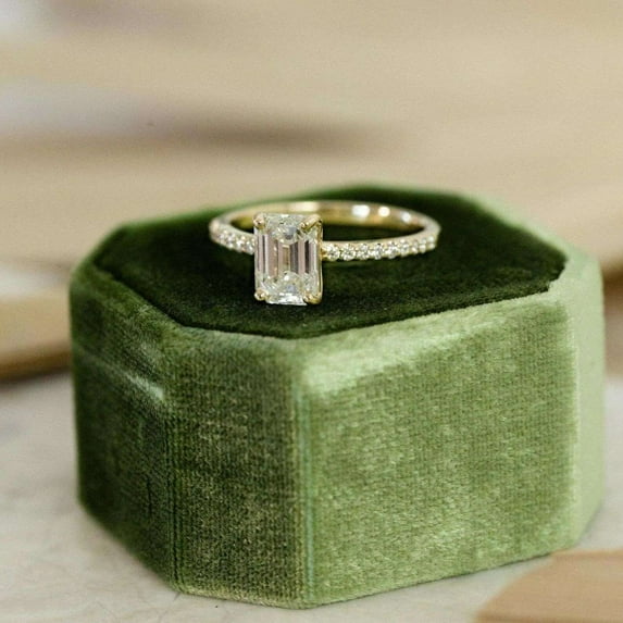 Jewelerix Brilliant 10K Gold Vermeil Emerald-Cut Diamond Ring with Slim Pave Band Perfect Engagement Gift for Her