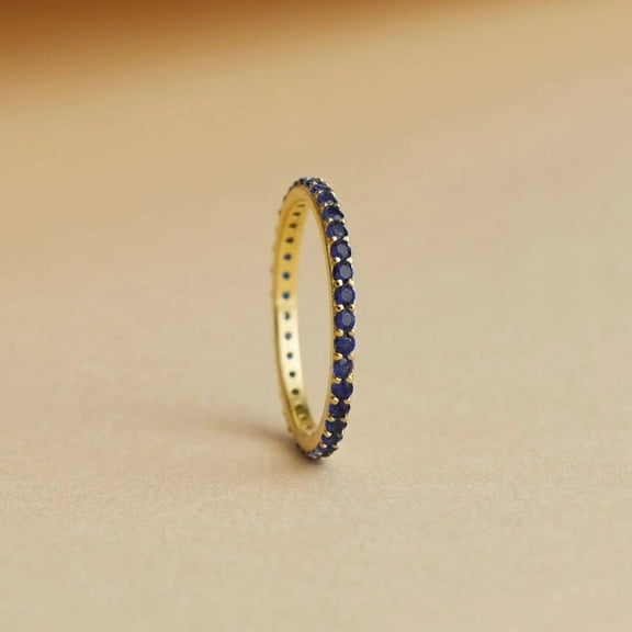 Jewelerix Brilliant 14K Gold Plated Blue Sapphire Eternity Band Ring for Women – Dainty Stackable Full Eternity Wedding Ring