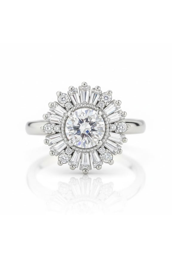 Brilliant Round Cut Engagement Ring 10K Yellow Gold Vermeil Halo Baguette Wedding Accent Moissanite Elegant Bridal Jewelry