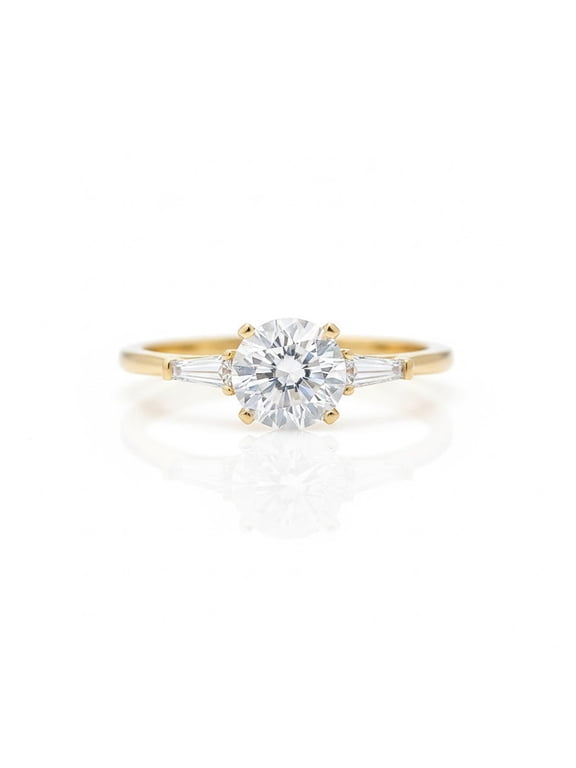 Brilliant Round Diamond Engagement Ring Tapered Side Stones Moissanite Solitaire Proposal Jewelry Yellow Gold Vermeil Anniversary Ring