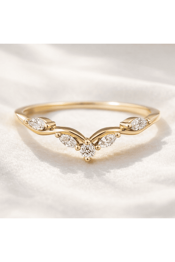 Chevron Moissanite Diamond Band Ring in Yellow Gold Vermeil, V Shape Marquise & Round Engagement-Wedding Stackable Ring