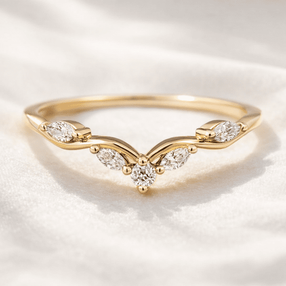 Jewelerix Chevron Moissanite Diamond Band Ring in Yellow Gold Vermeil, V Shape Marquise & Round Engagement-Wedding Stackable Ring