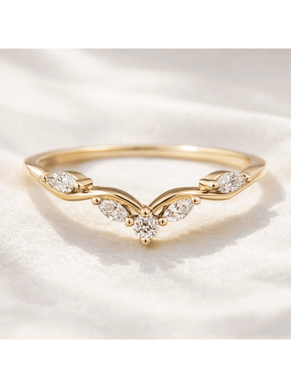 Chevron Moissanite Diamond Band Ring in Yellow Gold Vermeil, V Shape Marquise & Round Engagement-Wedding Stackable Ring