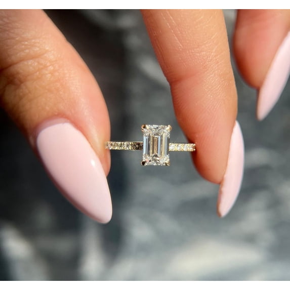 Jewelerix Classic 10K Vermeil Yellow Gold Ring, Emerald Cut Solitaire Moissanite Ring, Thin Pave Band Engagement Ring, Minimalist Elegant Bridal Jewelry, Anniversary Gift