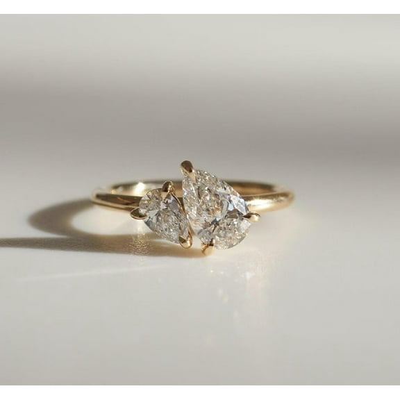 Jewelerix Classic 10K Yellow Gold Vermeil Wedding Ring Two-Pear Diamond Engagement Ring, Timeless Moissanite Promise Proposal Ring