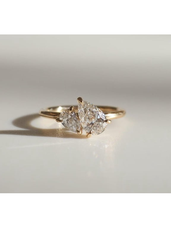 Classic 10K Yellow Gold Vermeil Wedding Ring Two-Pear Diamond Engagement Ring, Timeless Moissanite Promise Proposal Ring