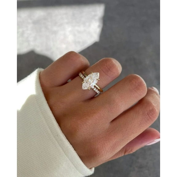 Jewelerix Classic 14K Vermeil Yellow Gold Ring Marquise Cut Engagement Ring for Women, Moissanite Wedding Ring with Pavé Band
