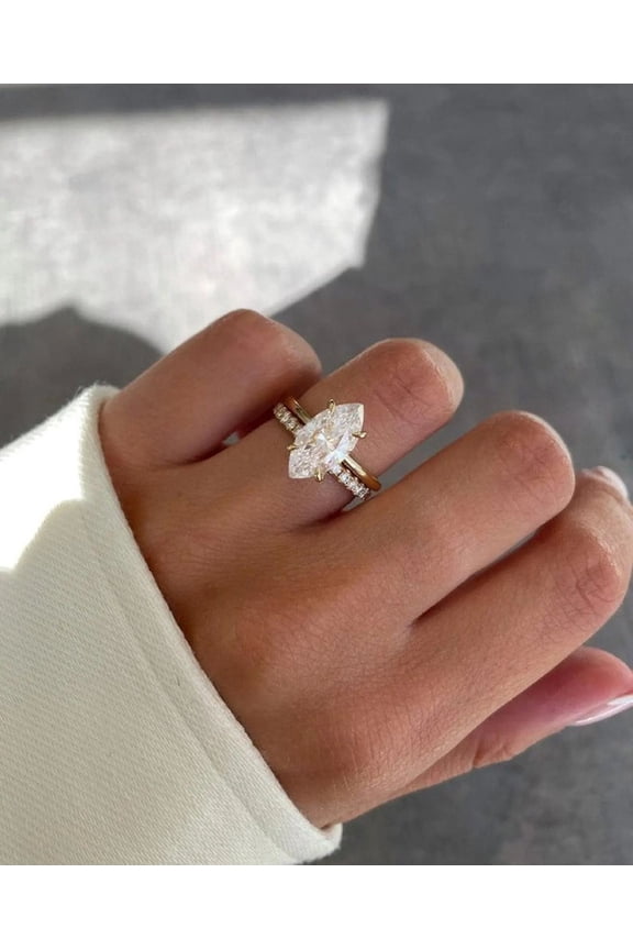 Classic 14K Vermeil Yellow Gold Ring Marquise Cut Engagement Ring for Women, Moissanite Wedding Ring with Pavé Band
