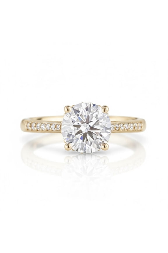 Classic Moissanite Diamond Solitaire Ring Round Shape Engagement Pave Band Hidden Halo Yellow Gold Vermeil Bridal Proposal Gift for Her