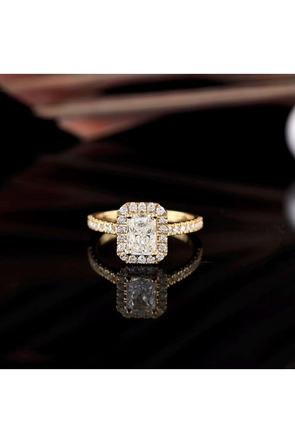 Classic Radiant Cut Engagement Ring with Halo and Pave Band 14K Yellow Gold Plated Wedding Ring