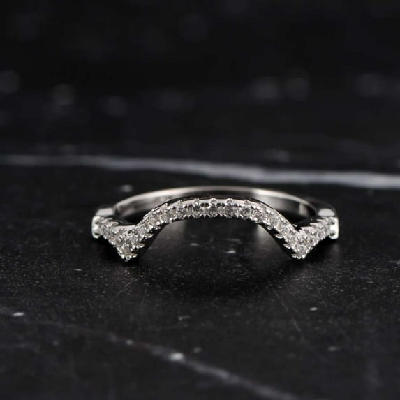 Jewelerix Curved Diamond Wedding Band Round Cut Pave Chevron Ring 14K White Gold Plated Contour Stacking Ring – Matching Band for Engagement Ring