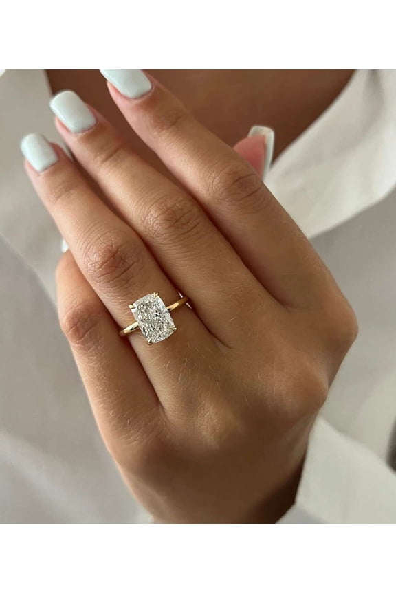 Cushion Cut Diamond Ring for Women 10K Vermeil Gold, Solitaire Moissanite Engagement Ring, Sparkling Stone Luxury Bridal Wedding Ring