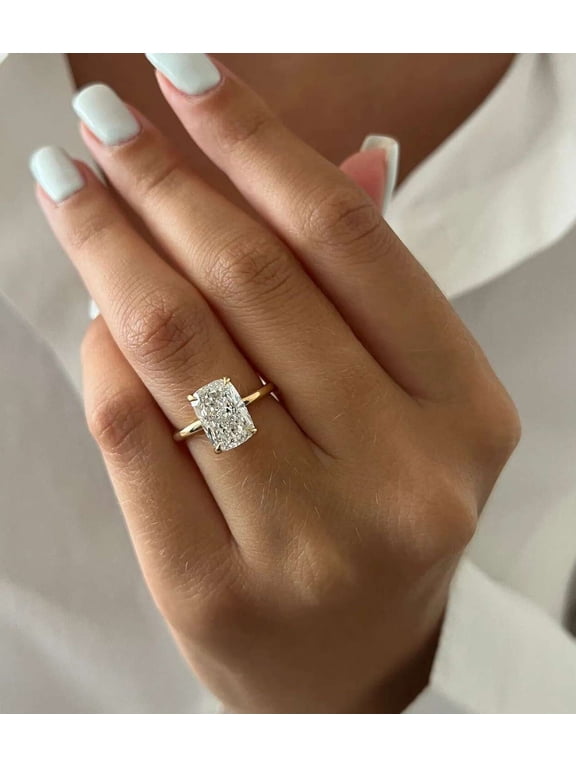 Cushion Cut Diamond Ring for Women 10K Vermeil Gold, Solitaire Moissanite Engagement Ring, Sparkling Stone Luxury Bridal Wedding Ring
