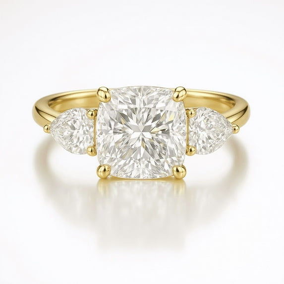 Jewelerix Cushion Cut Engagement Ring with Pear Side Stones 14K Yellow Gold Three Stone Ring Moissanite Diamond Ring for Women