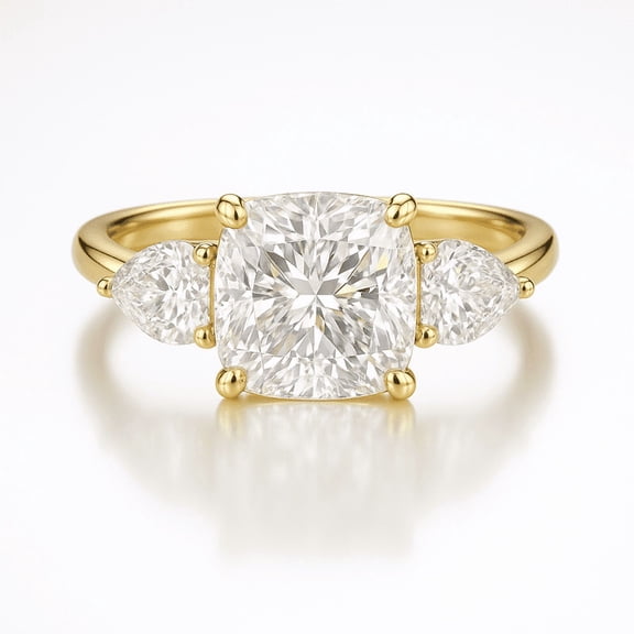 Jewelerix Cushion Cut Engagement Ring with Pear Side Stones 14K Yellow Gold Three Stone Ring Moissanite Diamond Ring for Women