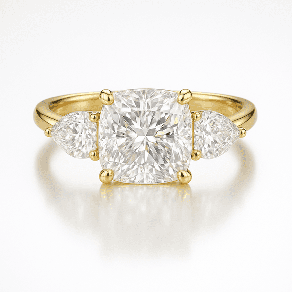 Jewelerix Cushion Cut Engagement Ring with Pear Side Stones 14K Yellow Gold Three Stone Ring Moissanite Diamond Ring for Women