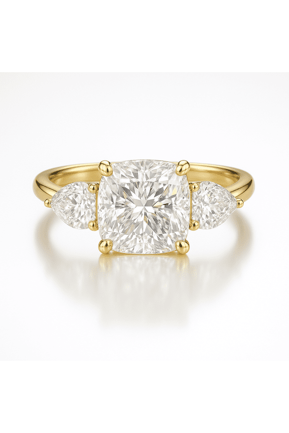 Cushion Cut Engagement Ring with Pear Side Stones 14K Yellow Gold Three Stone Ring Moissanite Diamond Ring for Women