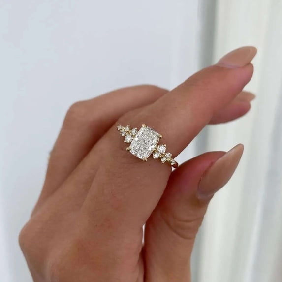 Jewelerix Cushion Cut Moissanite Diamond Engagement Ring for Women, 10K Vermeil Gold Band with Sparkling Side Stones, Bridal Promise Ring