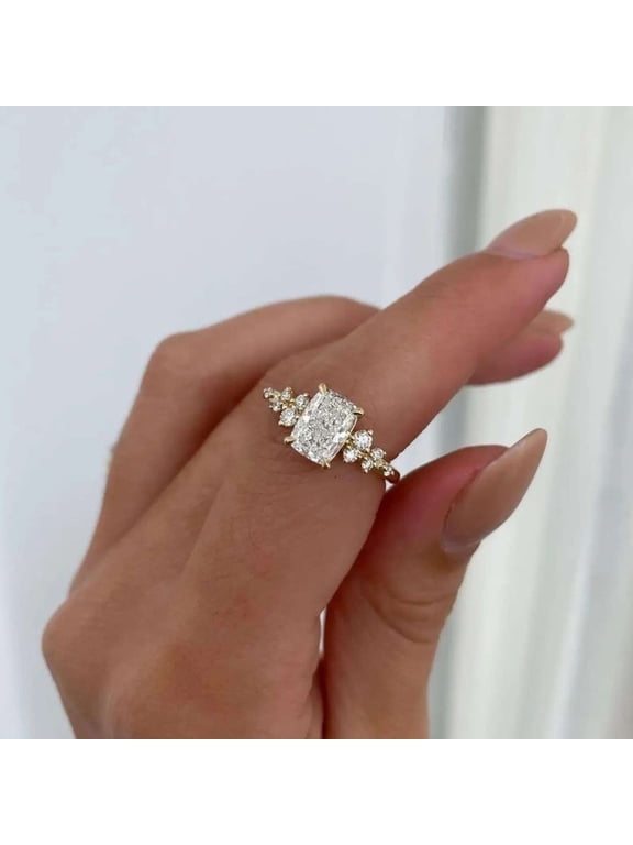 Cushion Cut Moissanite Diamond Engagement Ring for Women, 10K Vermeil Gold Band with Sparkling Side Stones, Bridal Promise Ring