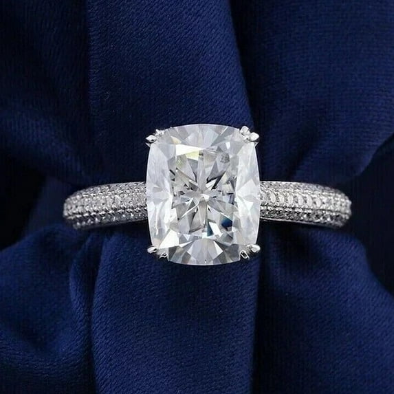 Jewelerix Cushion Cut Moissanite Engagement Ring for Women – 925 Sterling Silver with Pavé Band – Classic 4 Prong Setting – Wedding or Anniversary Gift
