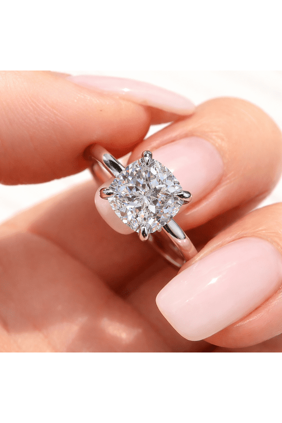 Cushion Cut Solitaire Engagement Ring in Vermeil White Gold Finish, 4-Prong Setting with Moissanite Hidden Halo Ring, Proposal Ring for Her