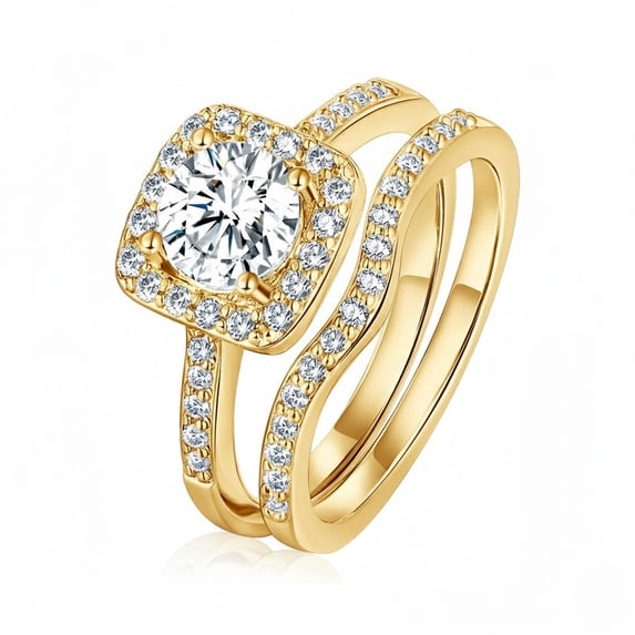 Jewelerix Cushion Halo Round Cut Moissanite Engagement Ring Set in 14K White Gold Vermeil with Pave Band & Curved Wedding Band