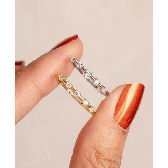 Jewelerix Dainty Moissanite Engagement Eternity Band, Classic Round Cut Stacking Ring, 14K Gold Vermeil Gold Ring Slim Anniversary Proposal Ring for Women