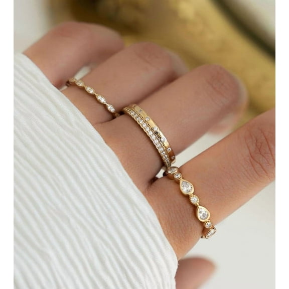 Jewelerix Dainty Moissanite Rings for Women, 2-Piece Engagement Band Set, Full Eternity Pave Ring & Bezel Set Band, 14K Yellow Gold Vermeil, Anniversary Promise Rings