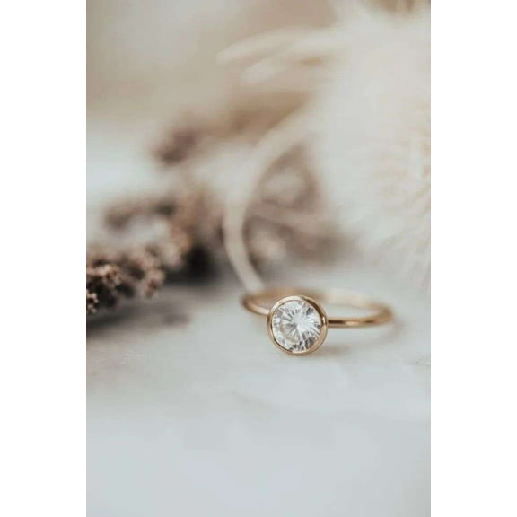 Jewelerix Dainty Plated Yellow Gold Bezel Round Cut Ring Moissanite Engagement Ring 1 CT Valentine's Surprise Gift