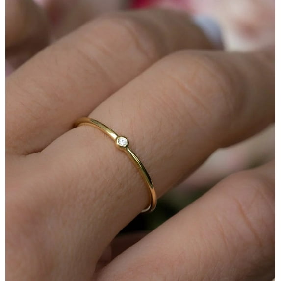 Jewelerix Dainty Solitaire Moissanite Diamond Ring, Vermeil 10K Yellow Gold Ring, Thin Stackable Minimalist Band, Antique Look Promise Ring