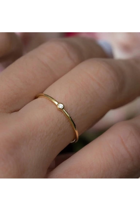 Dainty Solitaire Moissanite Diamond Ring, Vermeil 10K Yellow Gold Ring, Thin Stackable Minimalist Band, Antique Look Promise Ring