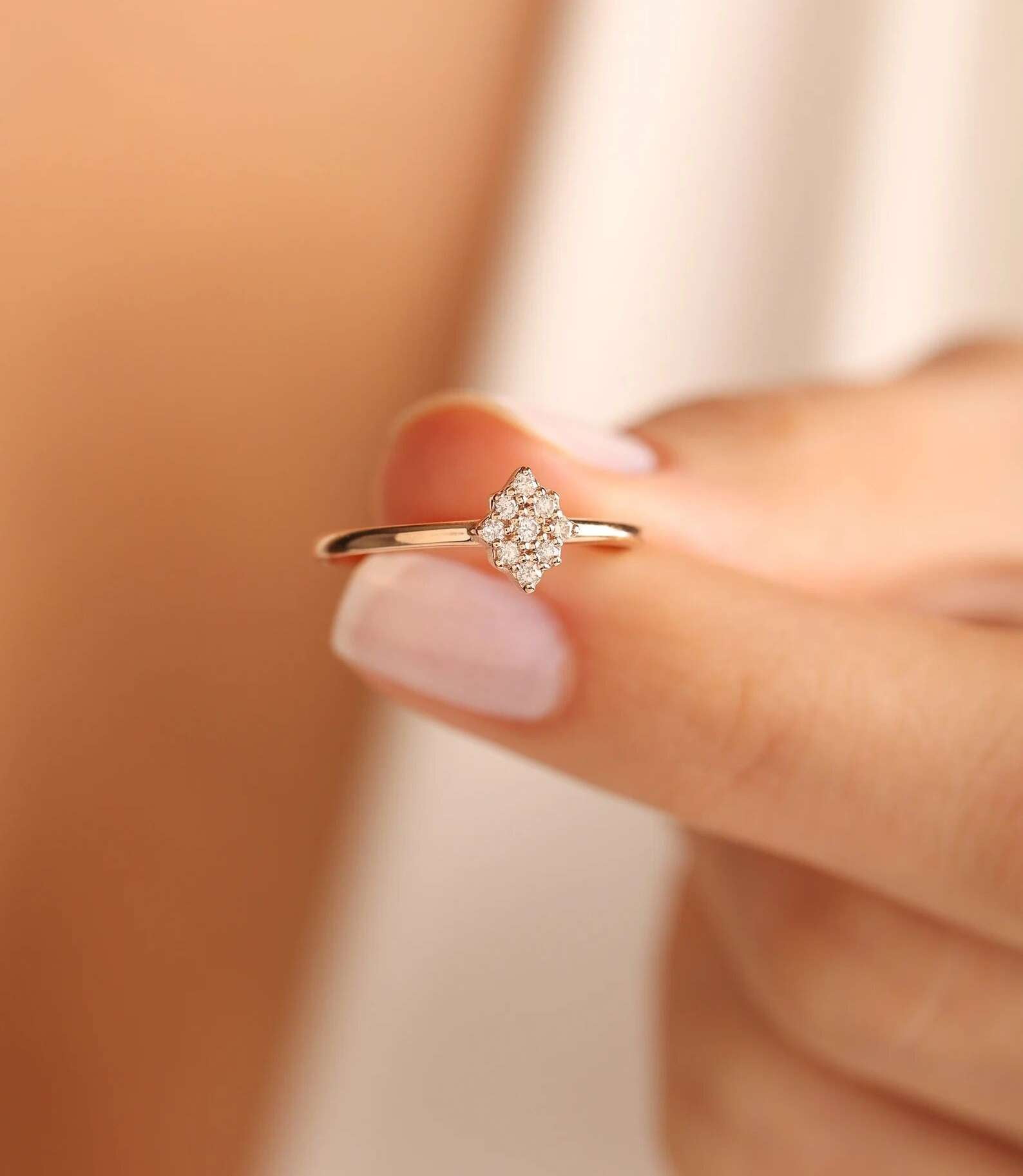 Jewelerix Delicate Cluster Diamond Ring in 10K Gold Vermeil Ring, Dainty Minimalist Engagement or Promise Jewelry Gift for Women, Elegant Everyday Design
